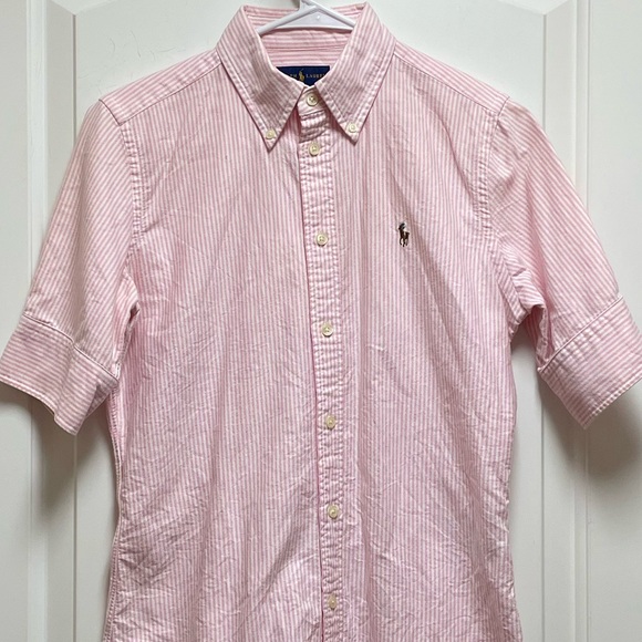 🩷 Vintage Ralph Lauren Sz Small White Pink Stripe Cuffed Button-Down Shirt Y2K - Picture 2 of 10